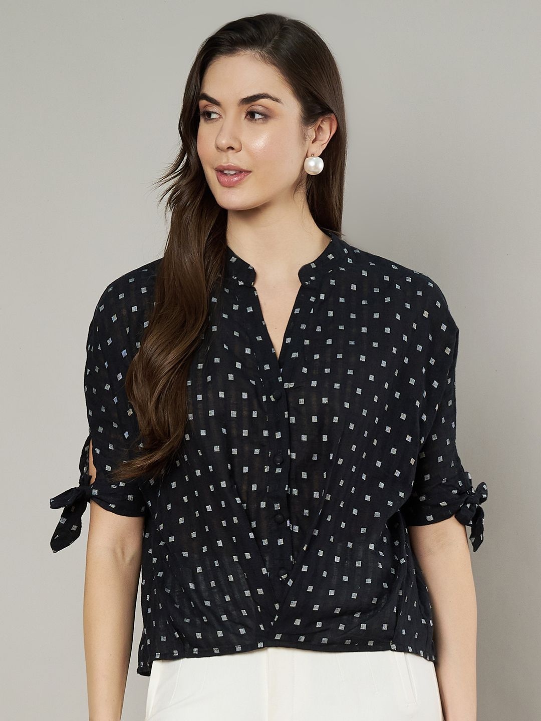 

AmagyaaWomen Polka Dot Printed Self Design Cotton Top, Black