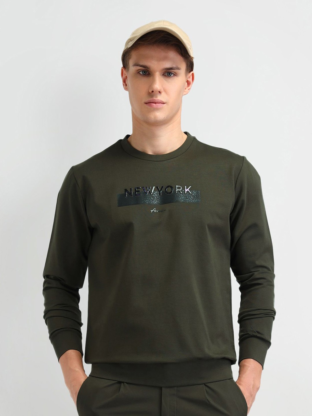 

Arrow New York Men Typography Printed Cotton Sweatshirt, Olive