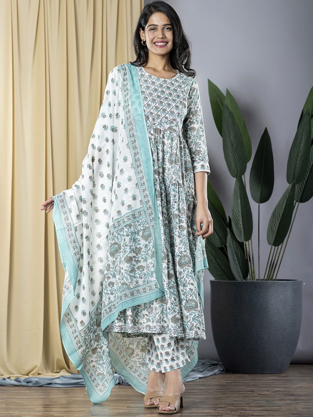 

KALINI Round Neck Floral Printed Tiered Pure Cotton Anarkali Kurta with Trouser & Dupatta, Grey