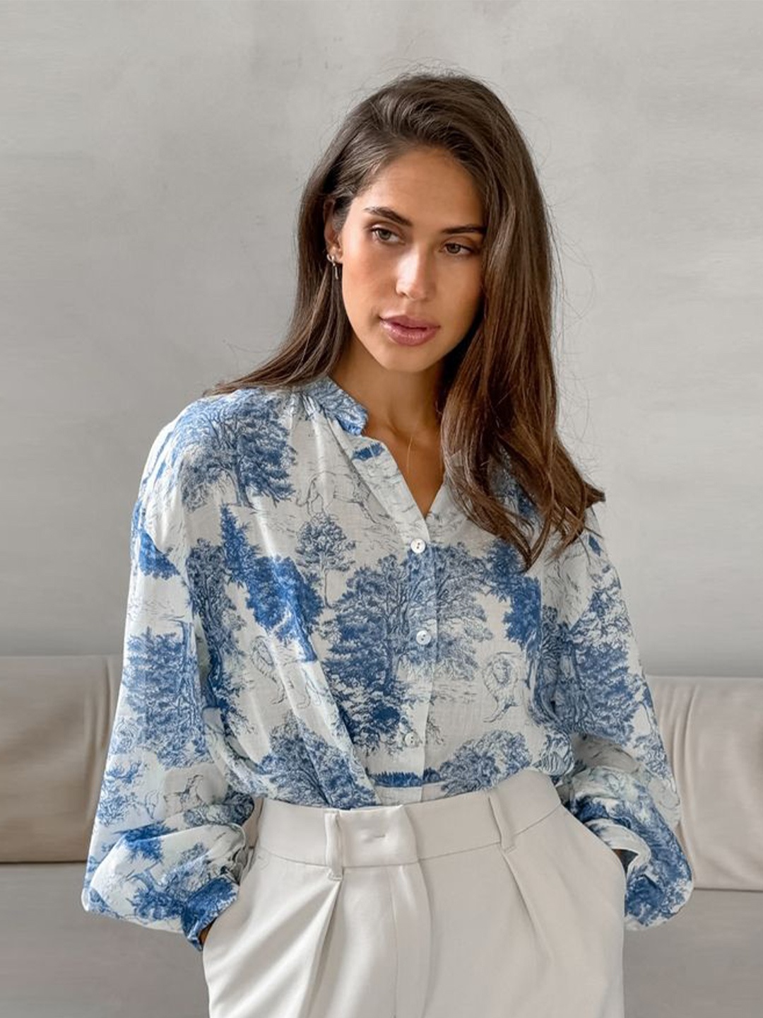 

LULU & SKY Printed Mandarin Collar Shirt Style Top, White