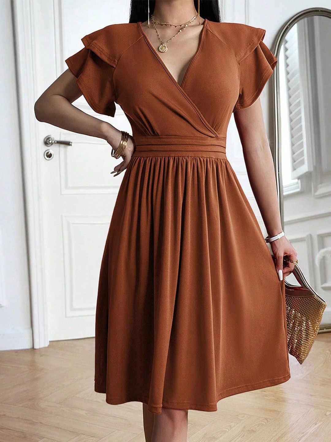 

StyleCast Solid V-Neck Flared Sleeves Fit & Flare Dress, Brown