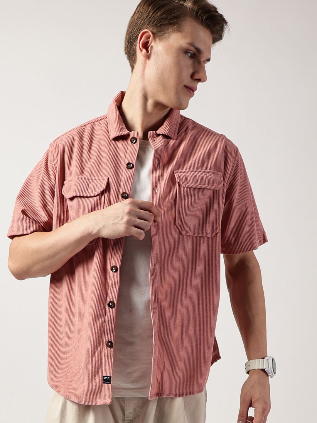 

Thomas Scott Men Premium Corduroy Oversized Casual Shirt, Pink