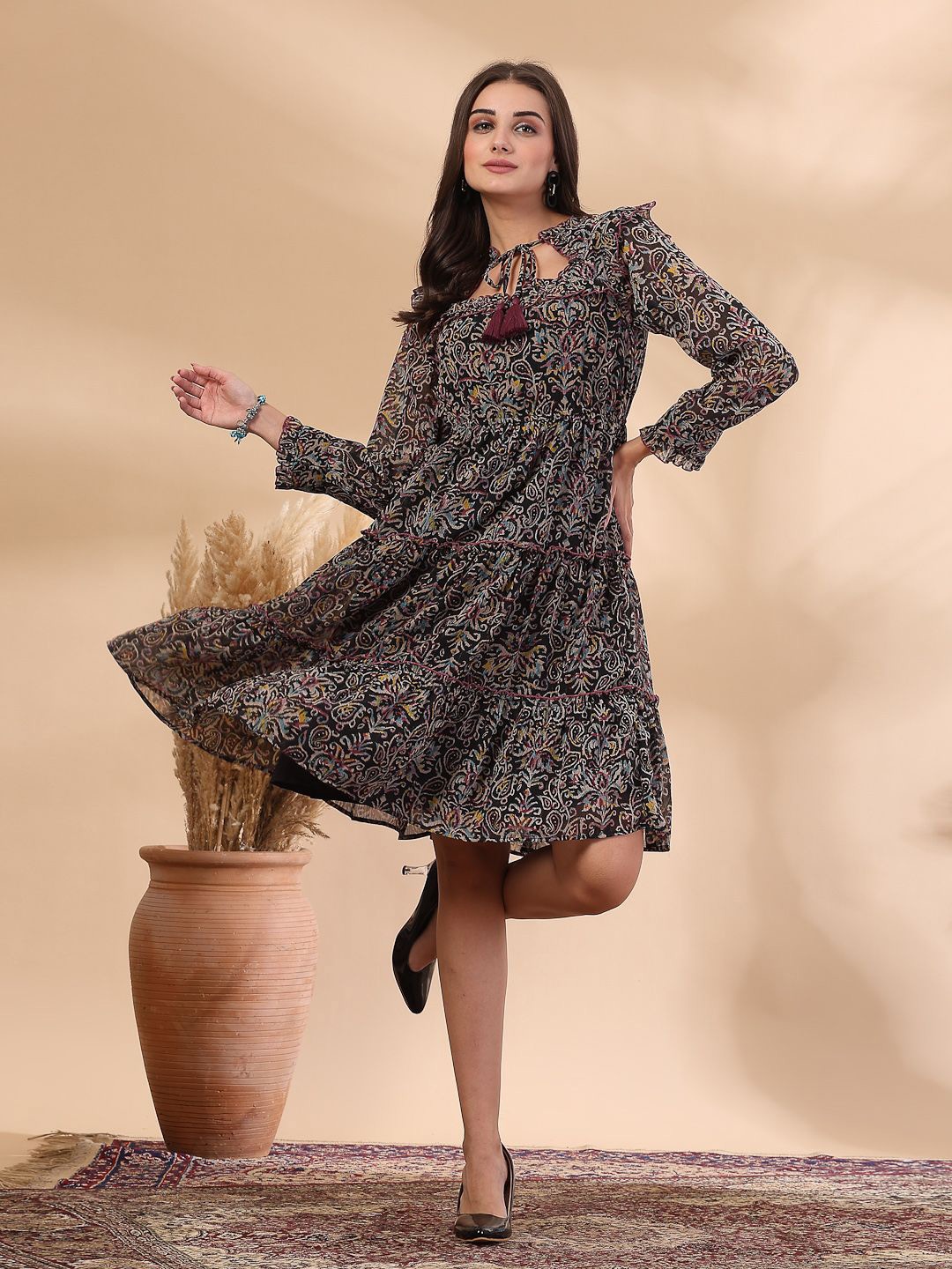 

TANYAA Printed Tiered Ruffles Fit & Flare Dress, Black