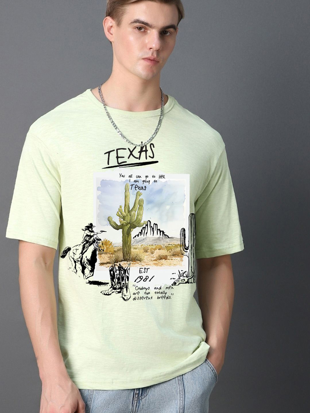 

Bewakoof AIR Men Graphic Printed Oversized Cotton T-shirt, Green