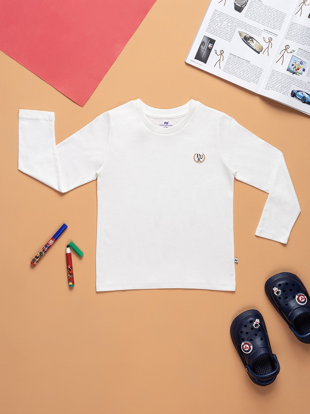 

Purple United Boys Solid Cotton Long Sleeves T-shirt, White