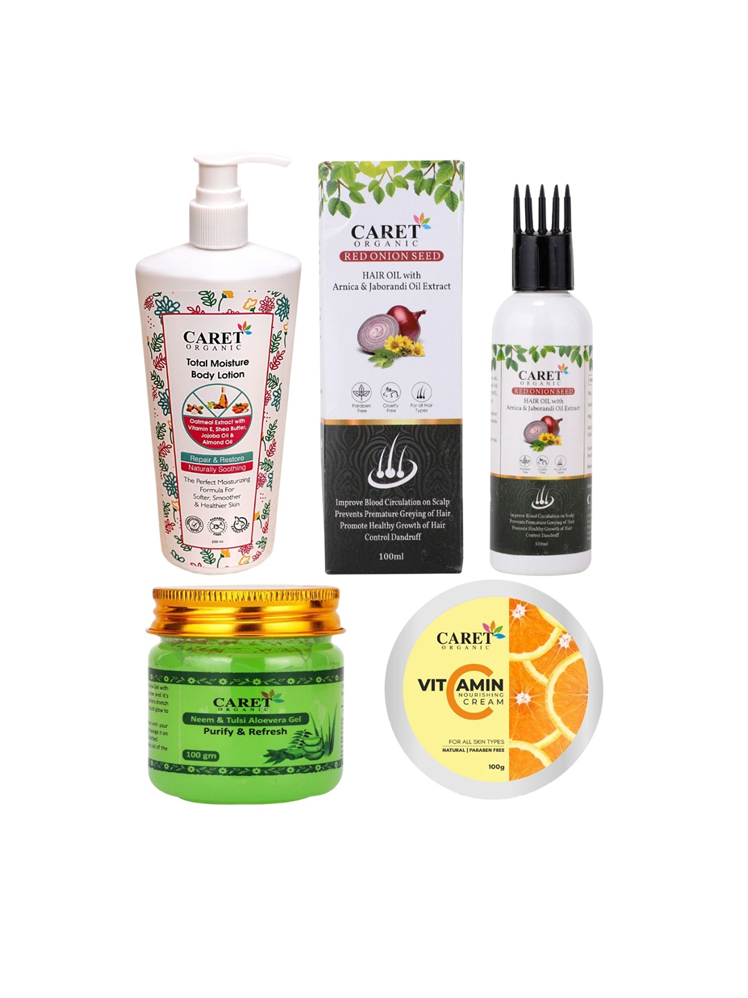 

CARET ORGANIC Set of 4 Body Lotion, Neem Gel, Nourishing Cream & Red Onion Hair Oil, White