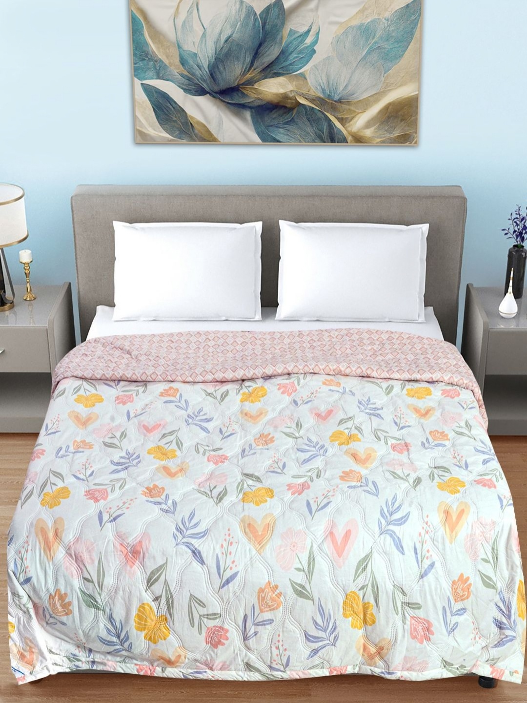 

FABINALIV Blue & Yellow Floral Mild Winter 350 GSM Double Bed Quilted Reversible Comforter