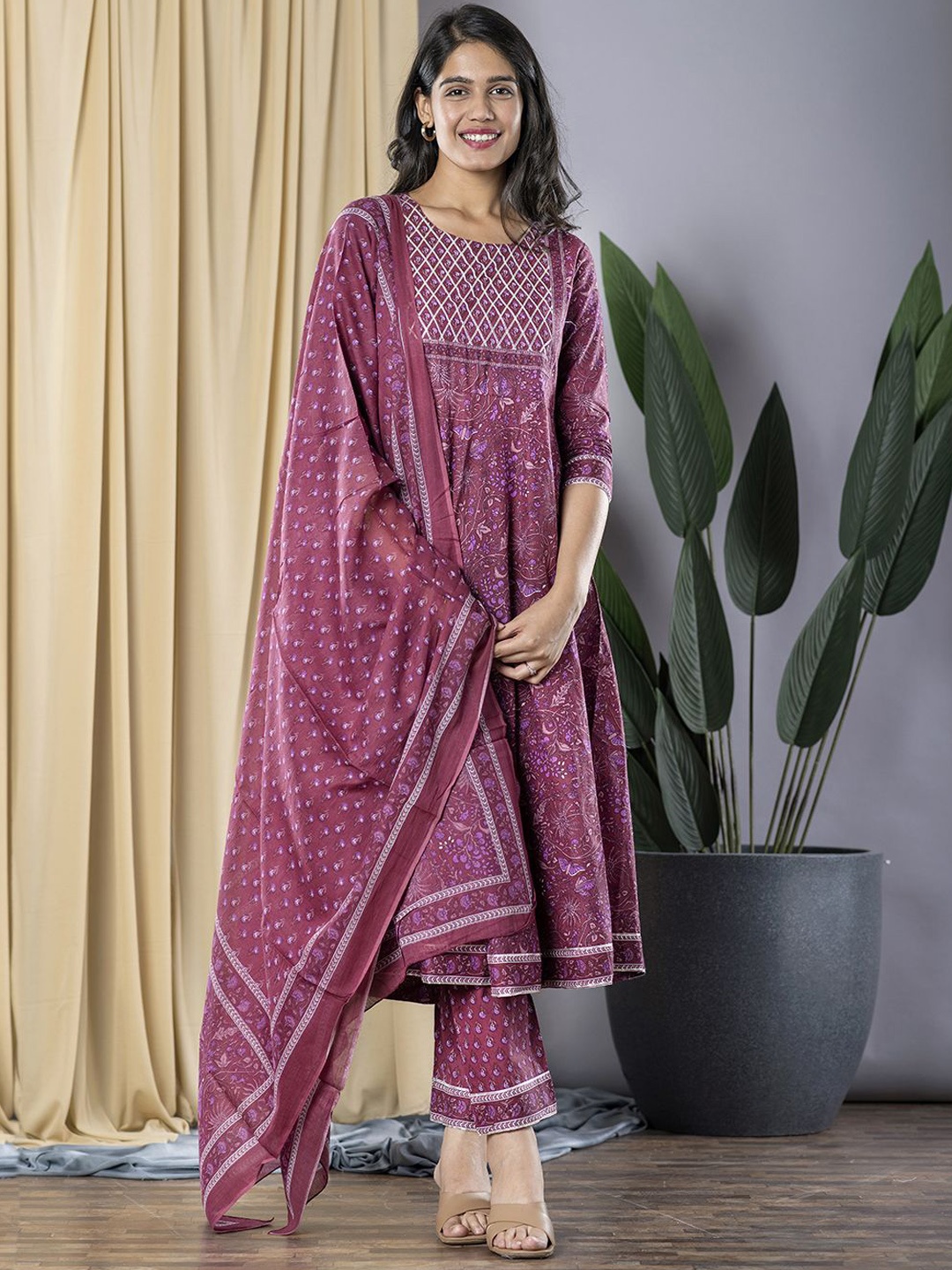 

KALINI Ethnic Motifs Printed Round Neck Pure Cotton Anarkali Kurta With Trousers & Dupatta, Mauve