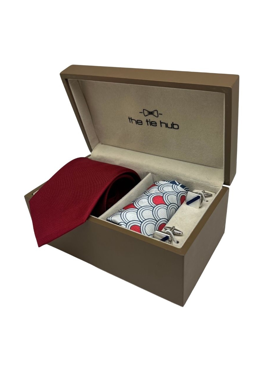 

The Tie Hub Men Silk Necktie, Brass Cufflinks & Silk Pocket Square Accessory Gift Set, Red