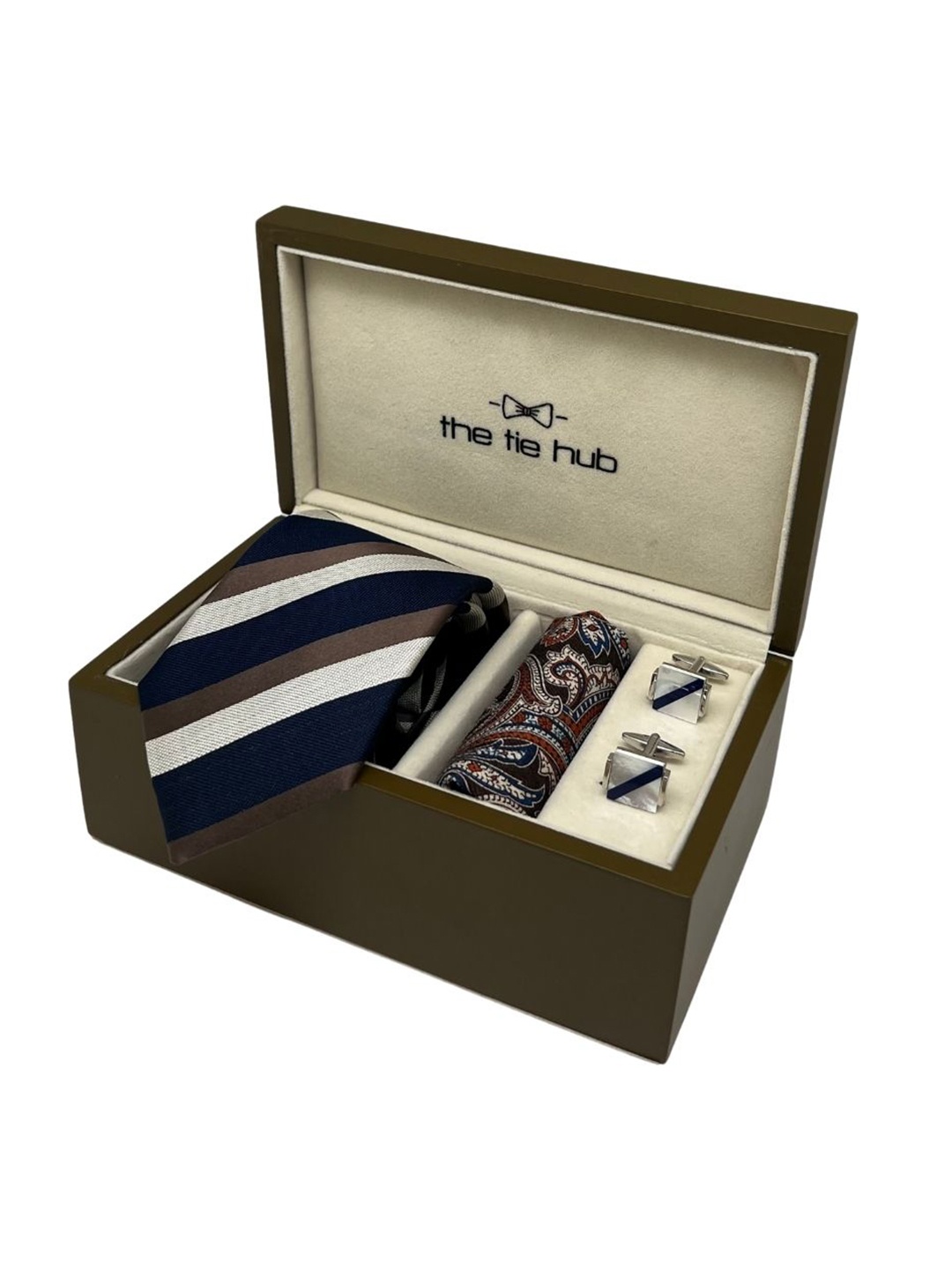 

The Tie Hub Men Striped Square Accessory Gift Set of, Silver