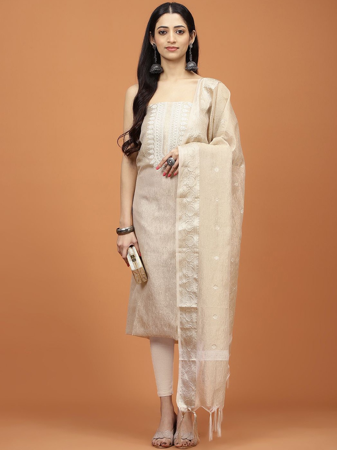 

Meena Bazaar Yoke Embroidered Tissue Unstitched Dress Material, Beige
