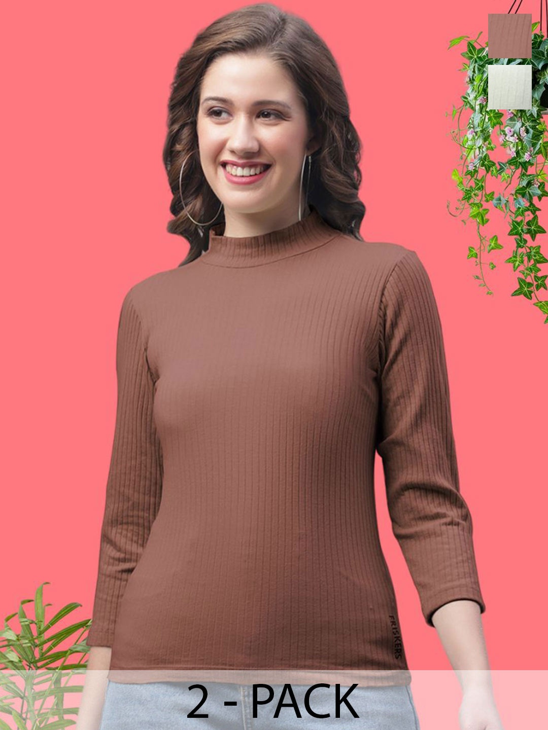 

FBAR Women Pack of 2 Long Sleeves Cotton Top, Brown