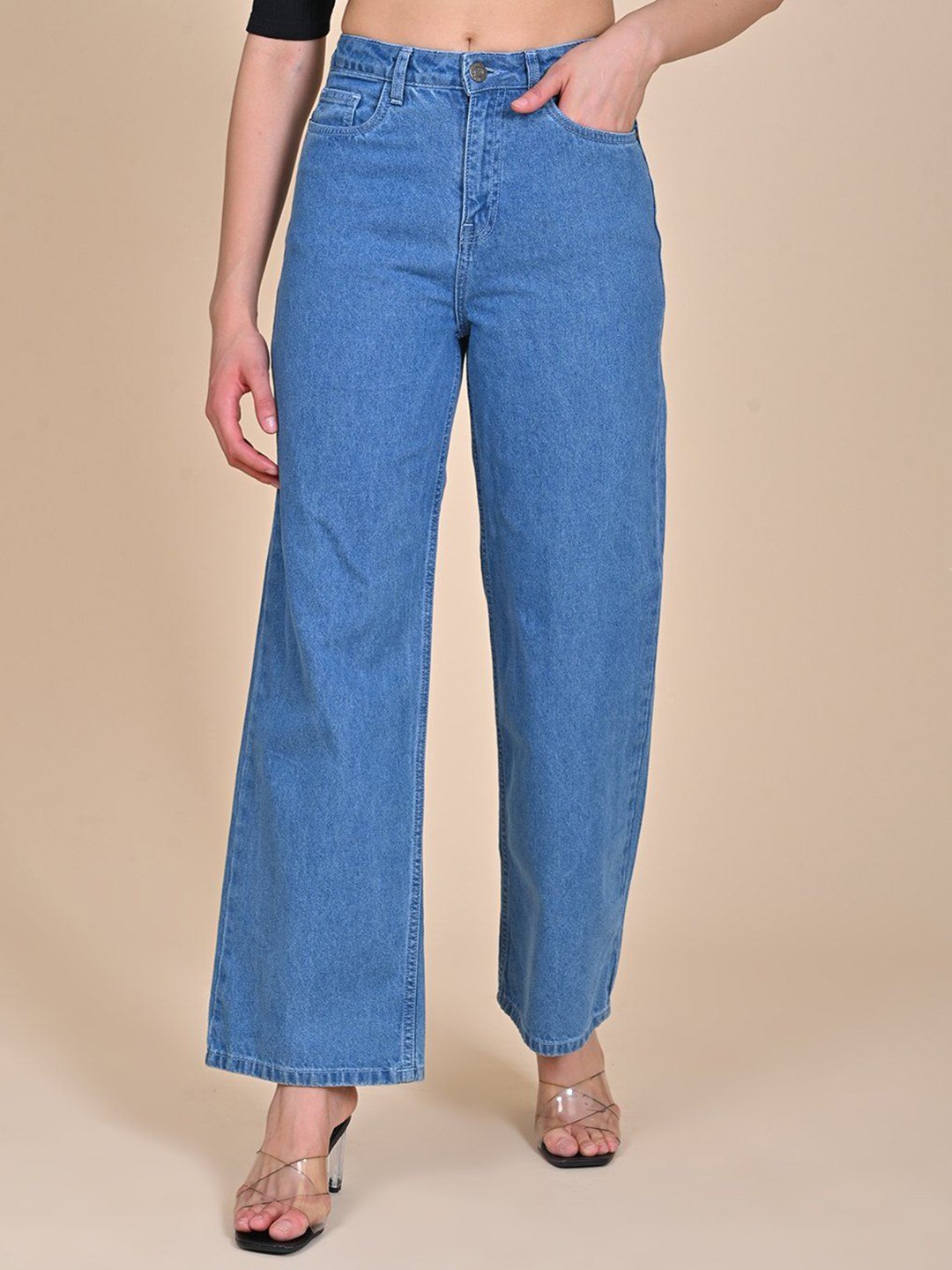 

URBAN POCHE Women Cotton Wide Leg High-Rise Slash Knee Jeans, Blue