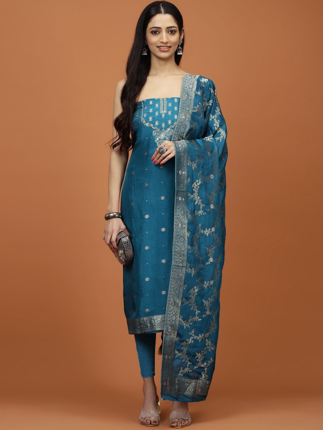 

Meena Bazaar Ethnic Motifs Woven Design Mirror Work Unstitched Dress Material, Teal