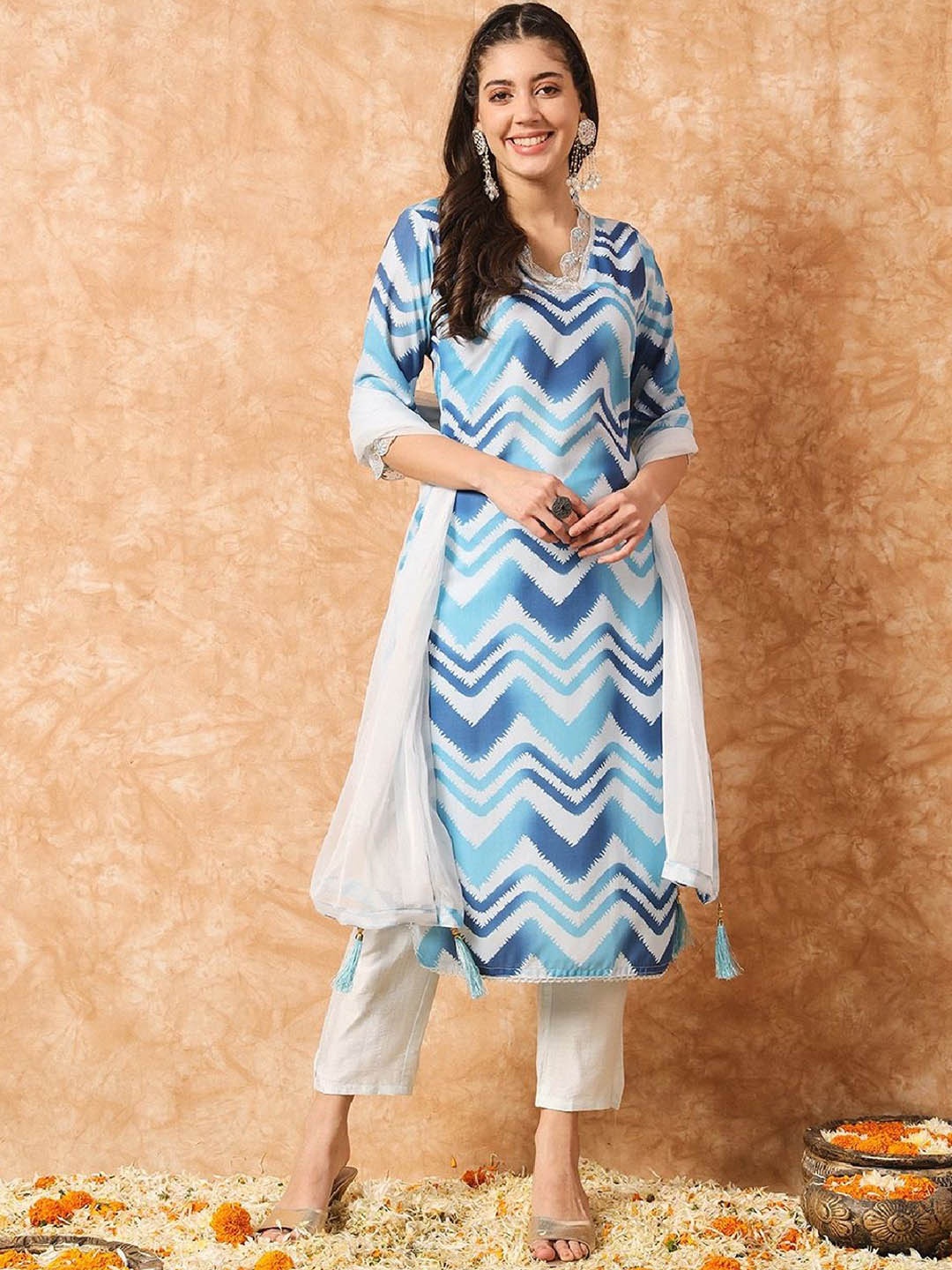 

Yara Creation Chevron Printed V-Neck Regular Thread Work Kurta With Trouser With Dupatta, Blue