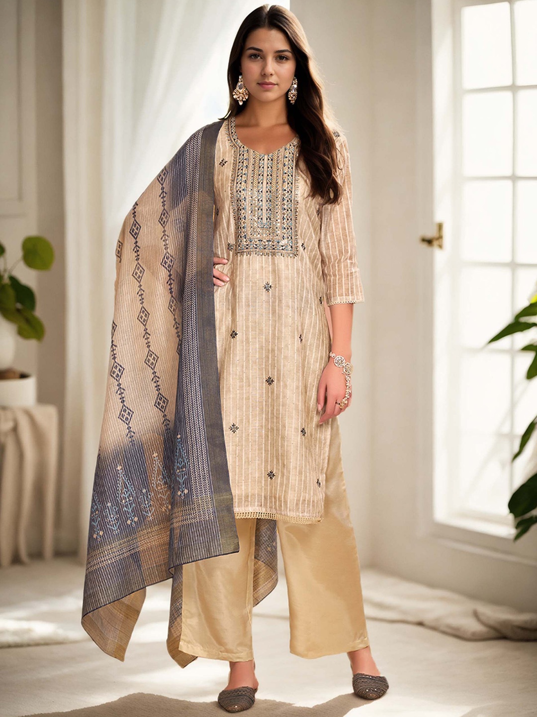 

Anouk Women Ethnic Motifs Embroidered Regular Thread Work Chanderi Cotton Kurta with Palazzos & With Dupatta, Beige