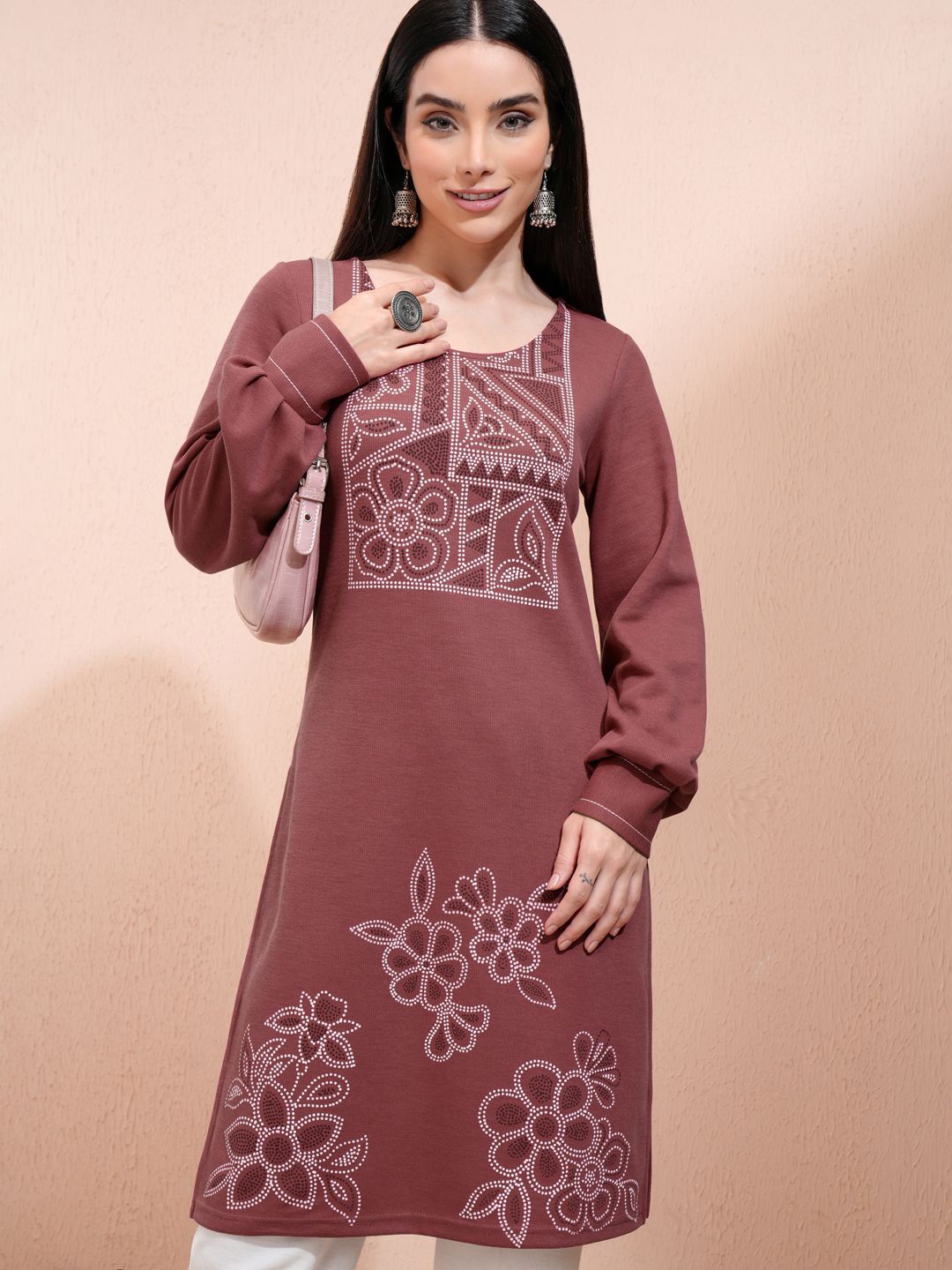 

Vishudh Women Floral Printed Round Neck Long Sleeves Regular Straight Kurta, Rust