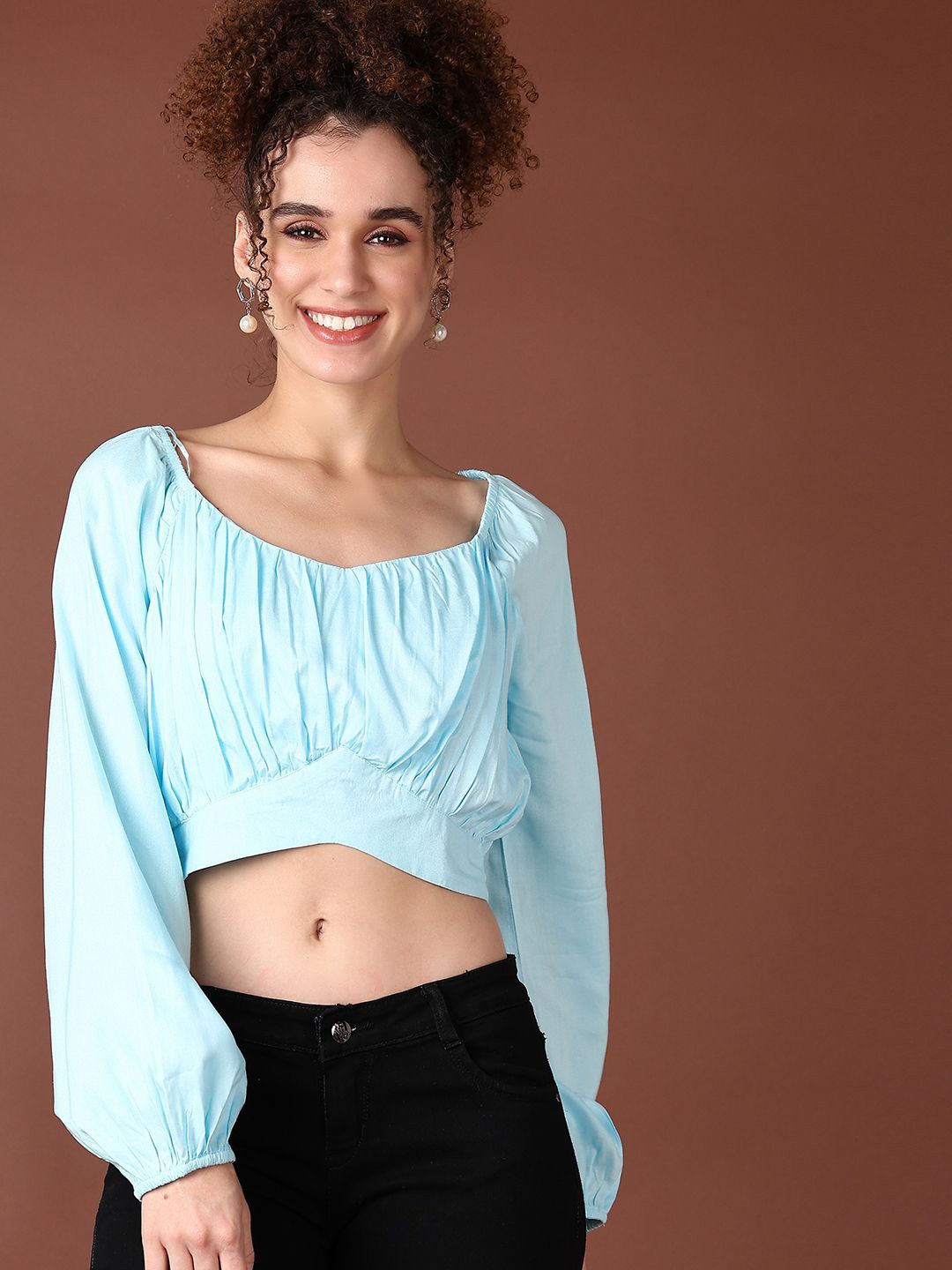 

V-Mart Women Print Puff Sleeve Scoop Neck Top, Blue