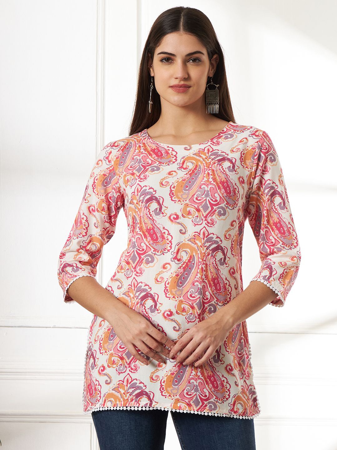 

Anouk Rustic Women Paisley Printed Gotta Patti Pure Cotton Kurti, Peach