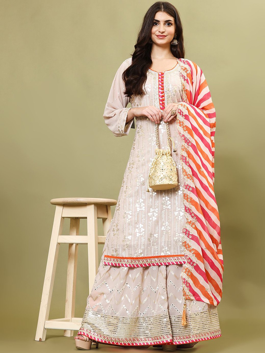 

Meena Bazaar Floral Embroidered Regular Georgette Straight Kurta with Sharara & Dupatta, Beige
