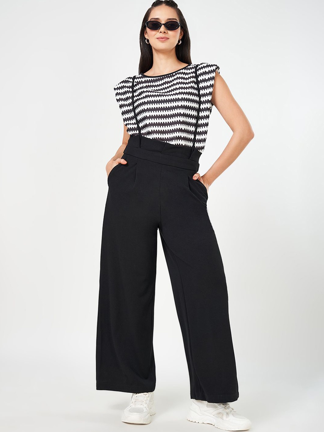 

People Black Striped Round Neck Sleeveless Dungarees With T-Shirt