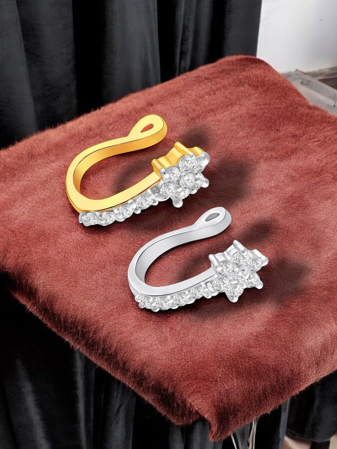 

Mahi Set Of 2 Gold-Plated Cubic Zirconia Septum Nosepins, Silver