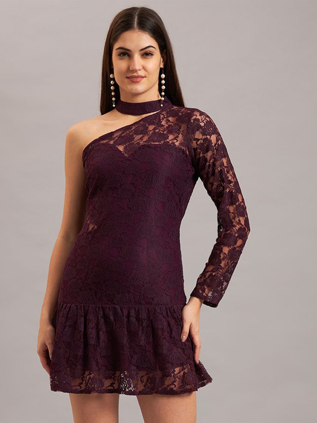

Eavan Women Self Design One Shoulder Lace Drop-Waist Mini Dress, Purple