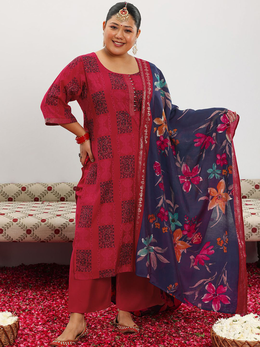 

EXTRA LOVE BY LIBAS Plus Size Paisley Printed Straight Kurta with Trousers & Dupatta, Red