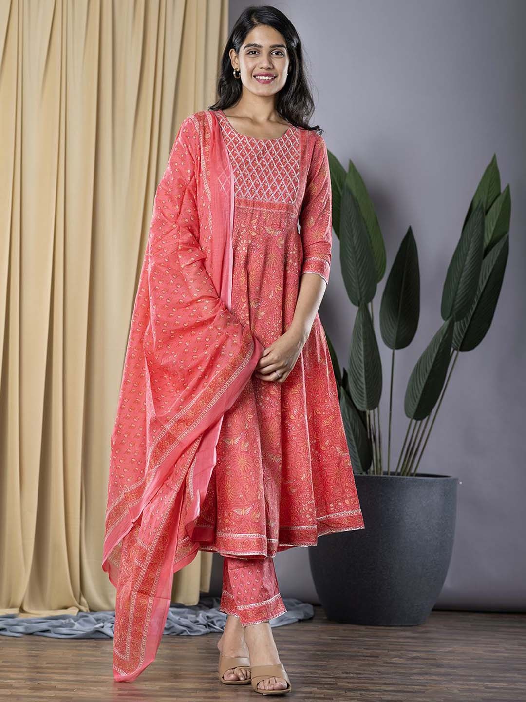 

KALINI Floral Printed Round Neck Pure Cotton Anarkali Kurta With Trousers & Dupatta, Pink