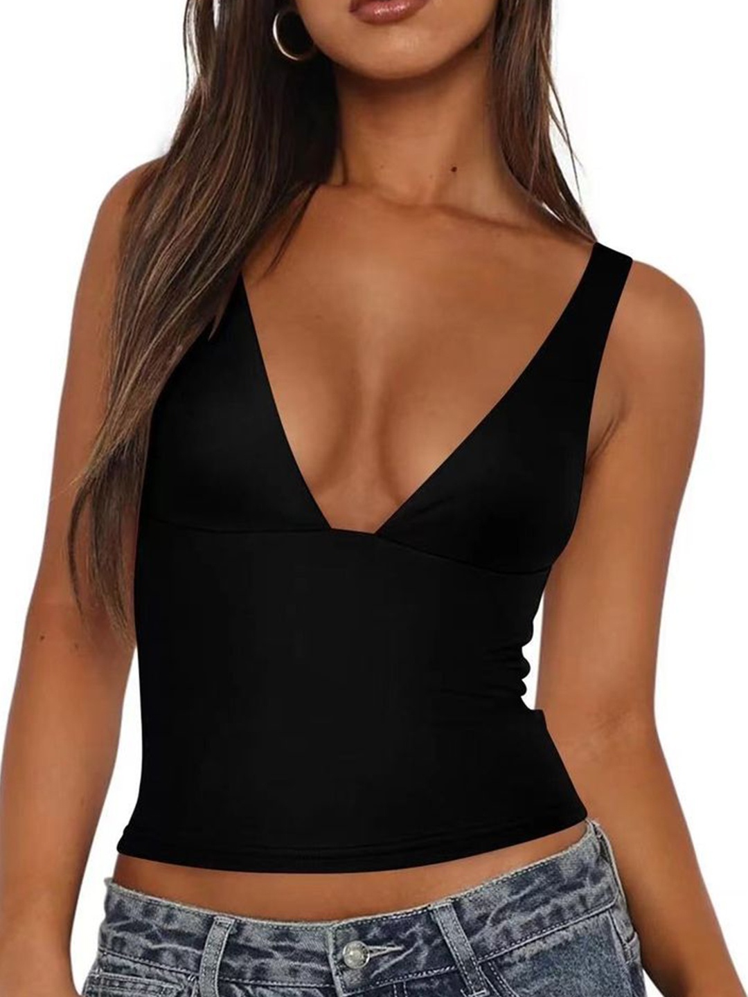 

LULU & SKY Women V-neck Crop Top, Black