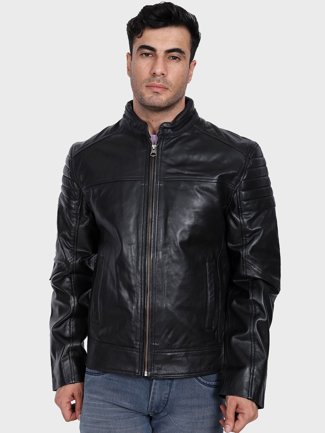 

Justanned Men Stand Collar Solid Leather Casual Leather Jacket, Black