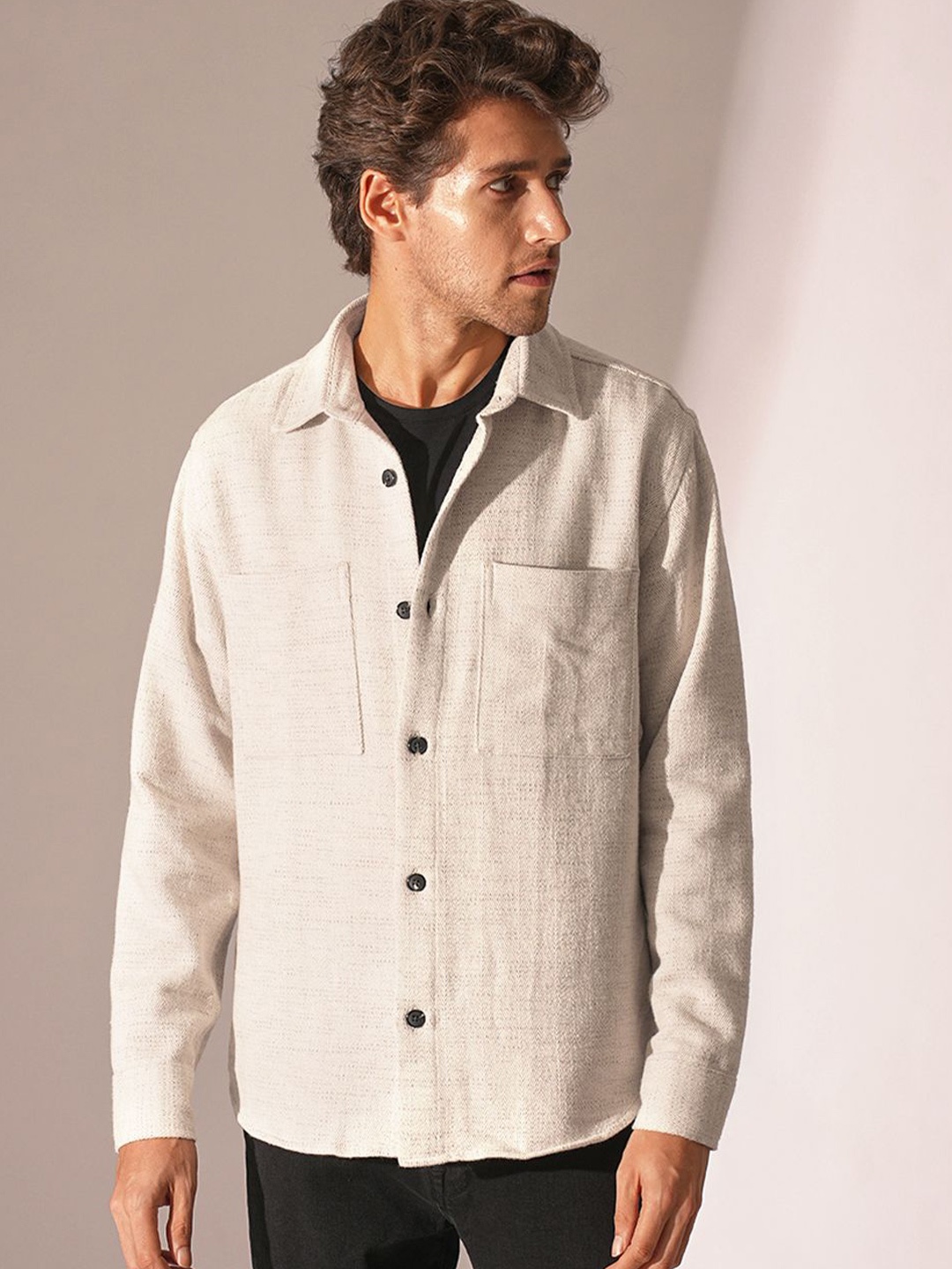 

SELECTED Men Spread Collar Textured Cotton Casual Shirt, Beige