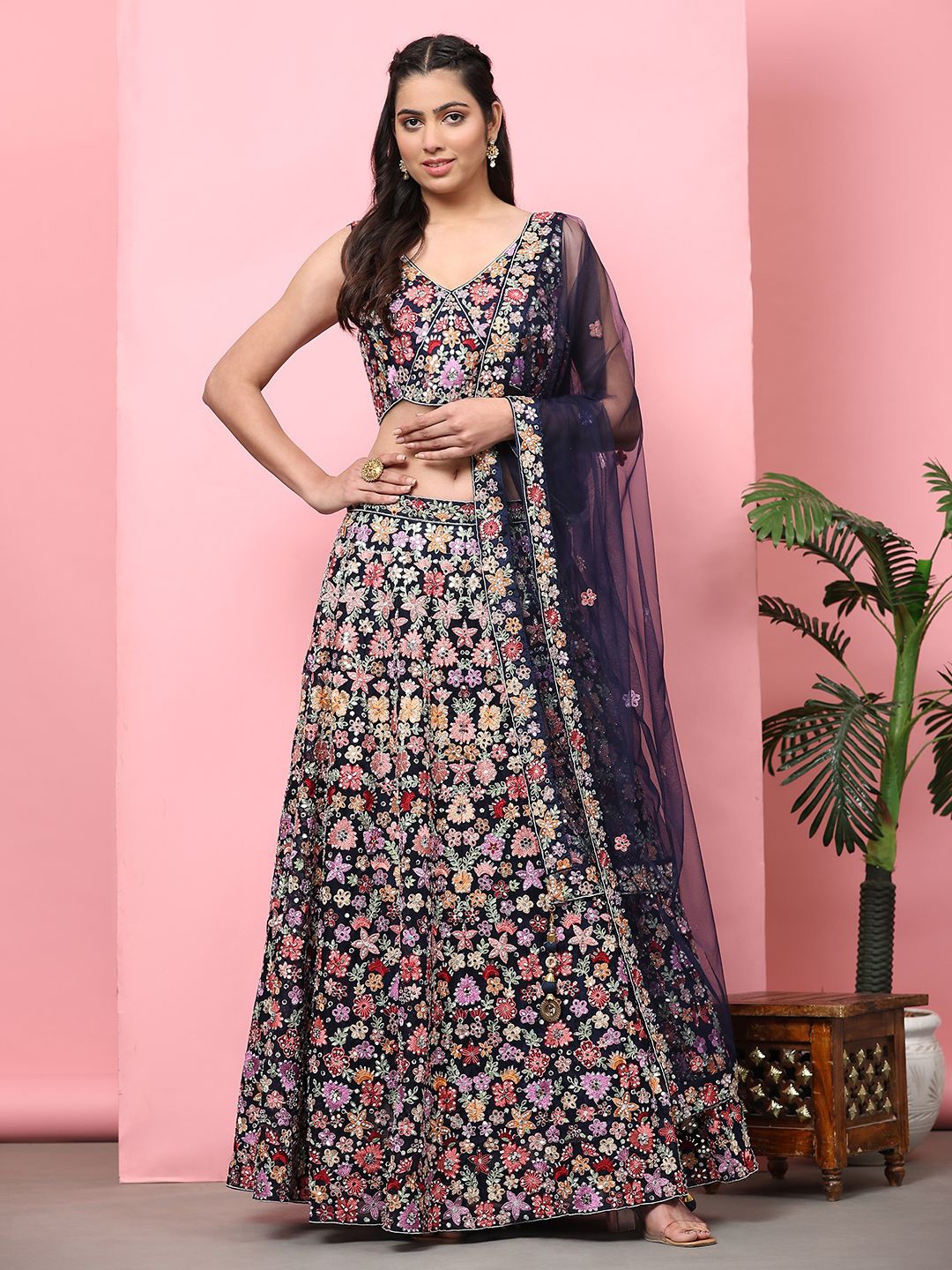 

VANAKARA Embroidered Thread Work Ready to Wear Lehenga & Blouse With Dupatta, Navy blue