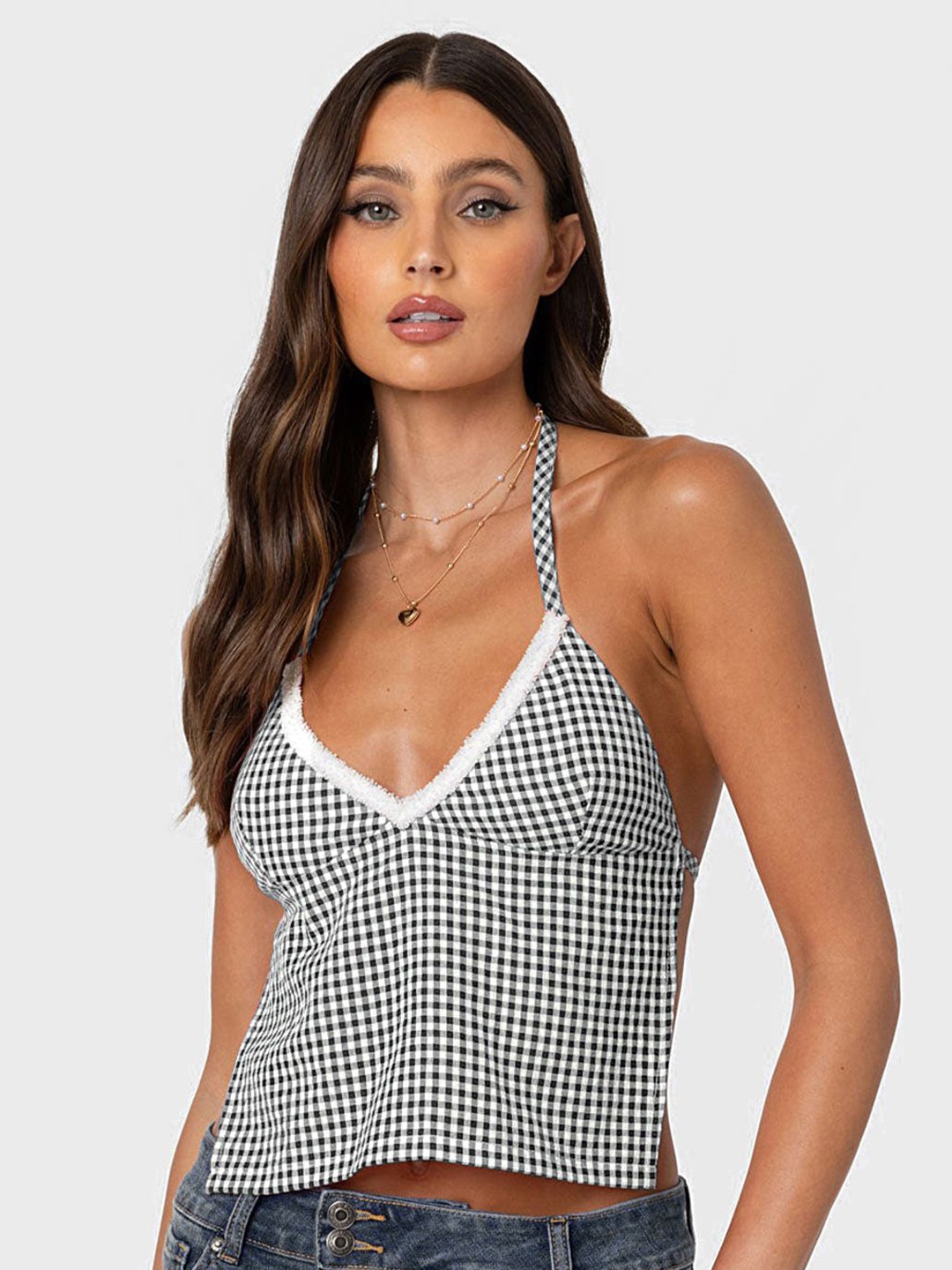

LULU & SKY Women Checked Halter Neck Top, Black