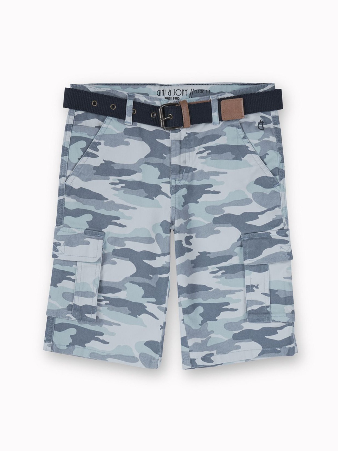 

Gini and Jony Boys Cotton Mid-Rise Camouflage Printed Cargo Shorts, Blue