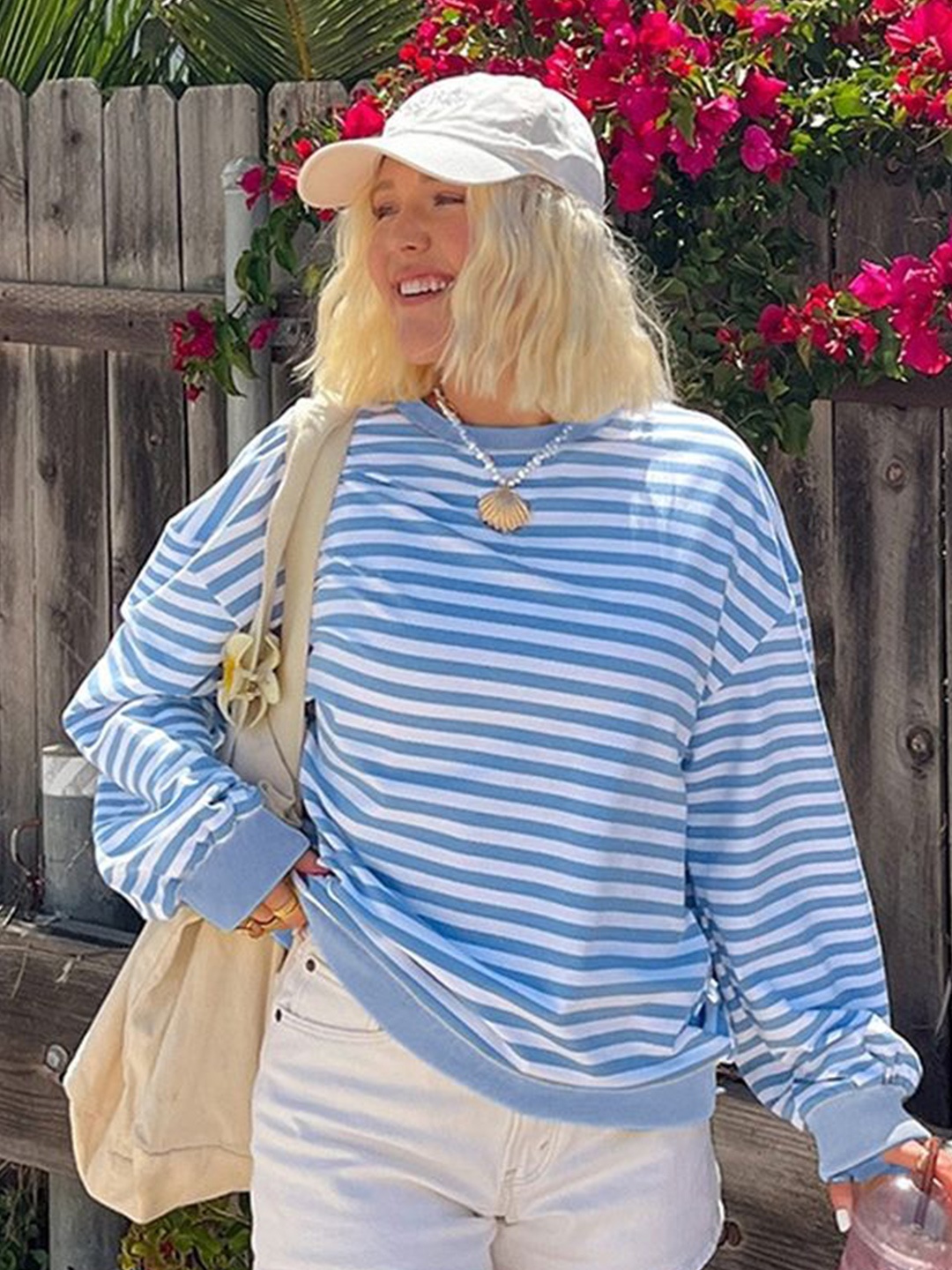 

LULU & SKY Women Striped Round Neck Sweatshirt, Blue