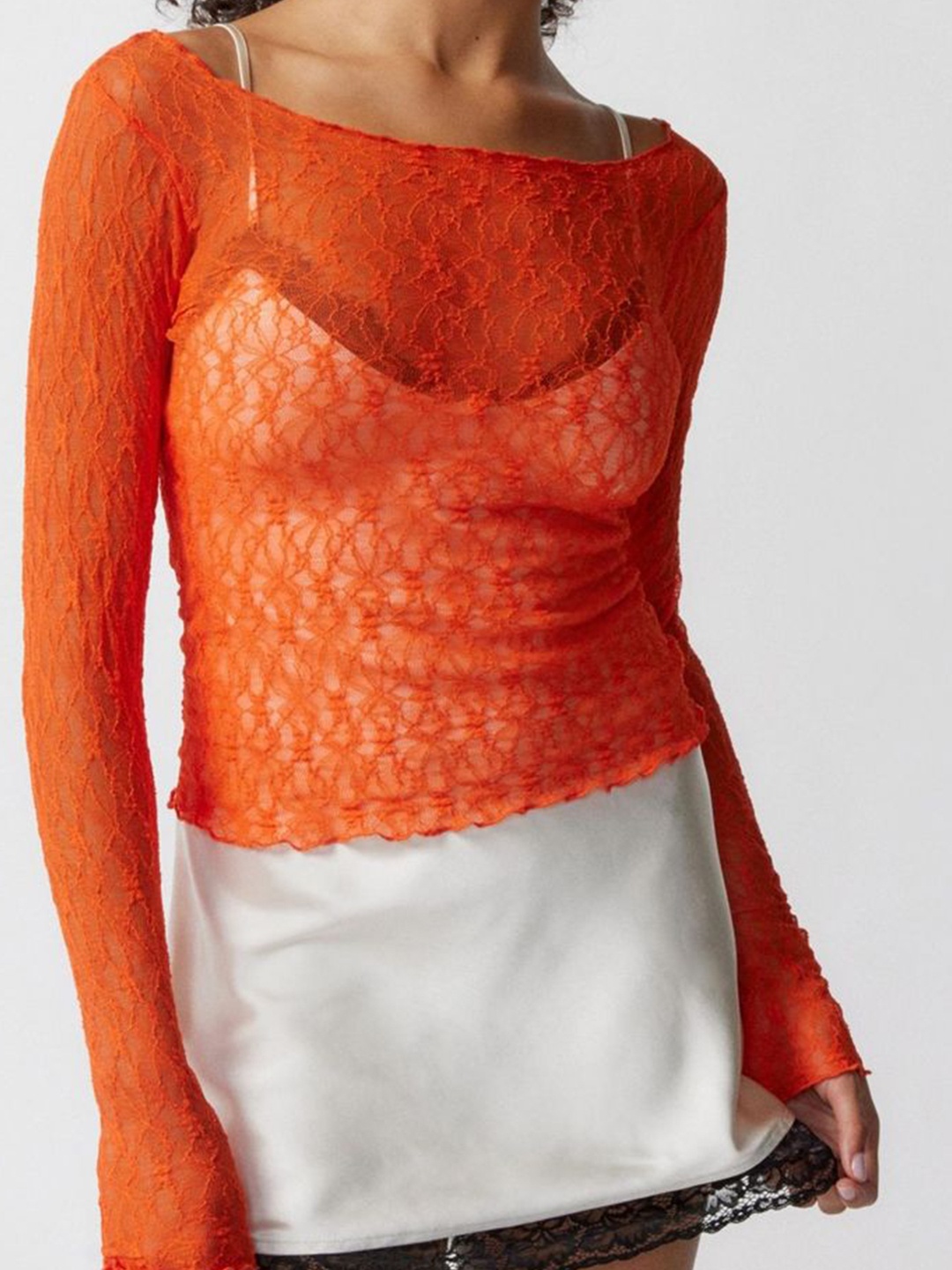 

LULU & SKY Women Fitted Sheer Lace Top, Orange