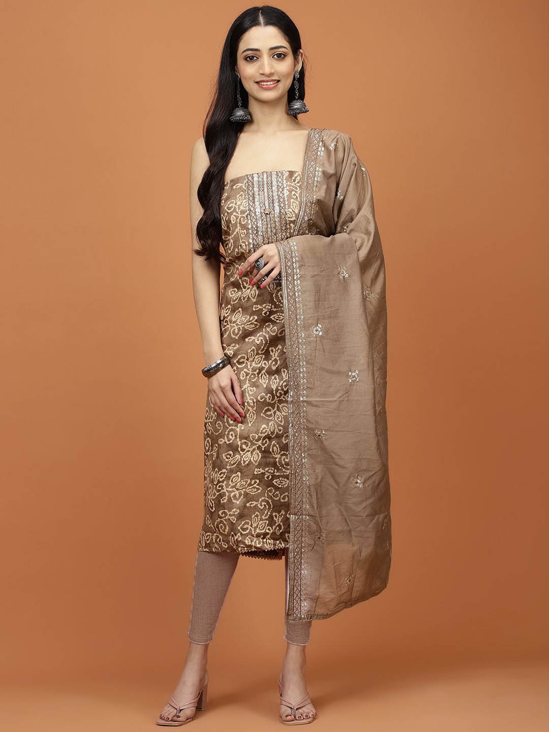

Meena Bazaar Printed Unstitched Dress Material, Brown
