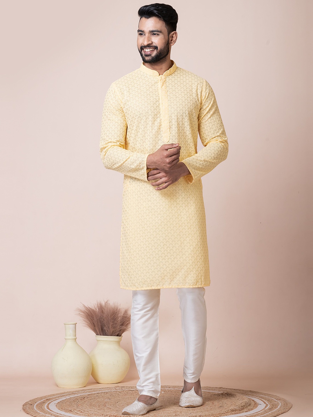 

HERE&NOW Ethnic Motifs Embroidered Chikankari Cotton Straight Kurta, Yellow