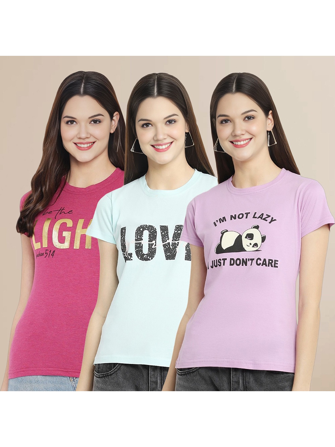 

Metronaut Women Pack Of 3 Typography Printed Round Neck Cotton T-shirts, Pink