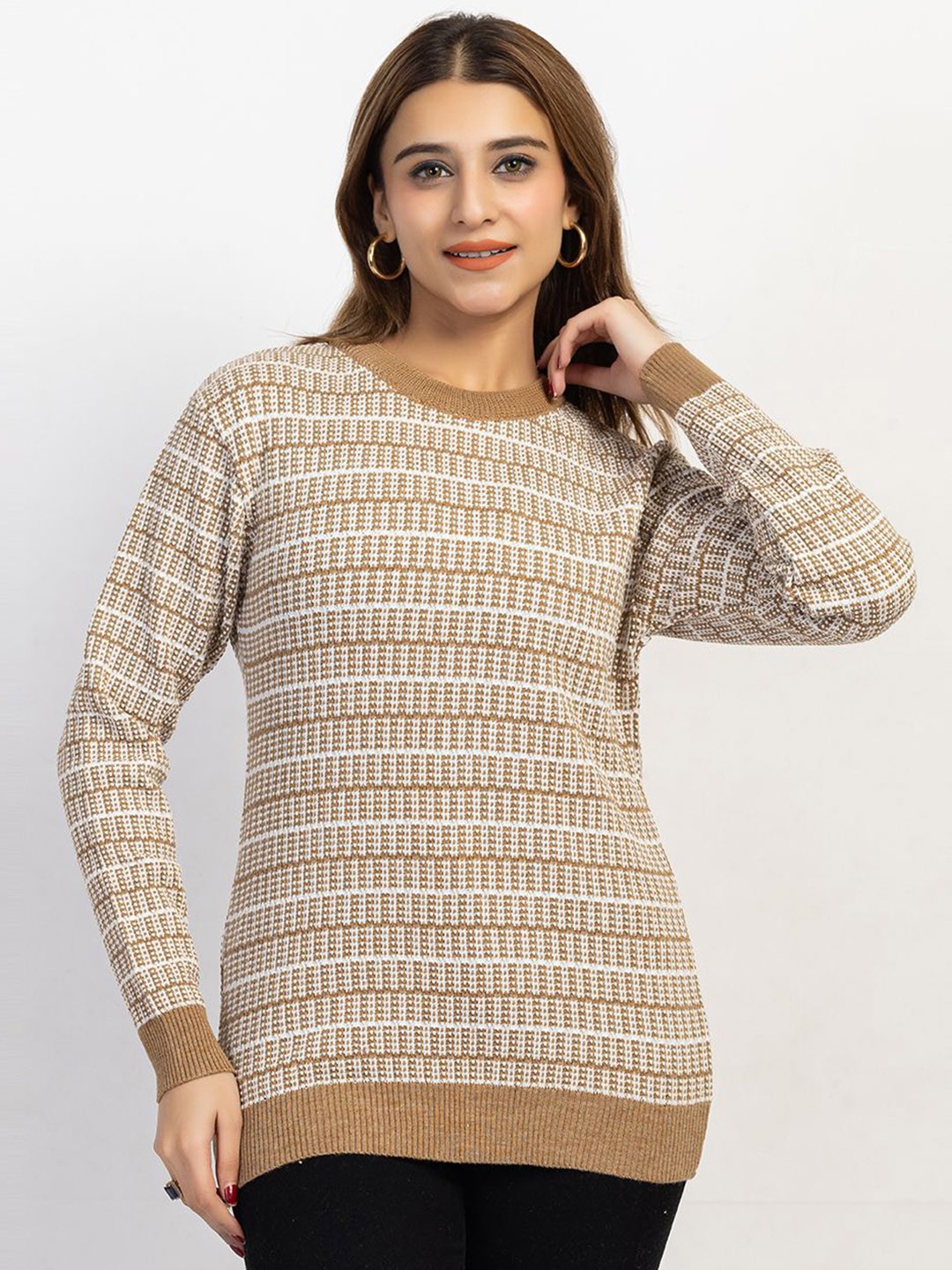 

LEZA Women Striped Pullover Sweaters, Camel brown
