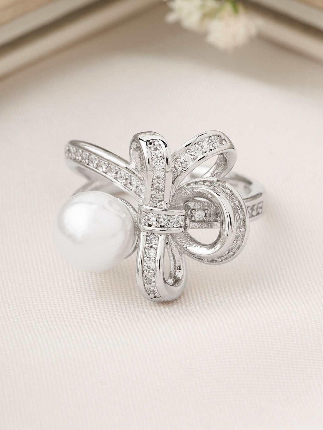 

JOKER & WITCH Silver-Plated Stone-Studded & Pearls Beaded Adjustable Finger Ring
