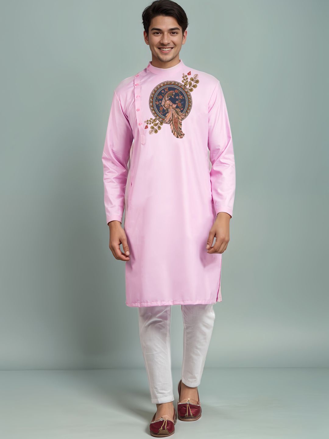 

DEVOILER Floral Printed Mandarin Collar Cotton Straight Kurta, Pink