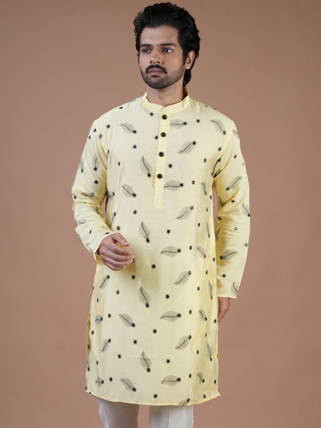 

ARYA Mandarin Collar Ethnic Motifs Embroidered Thread Work Cotton Straight Kurta, Yellow