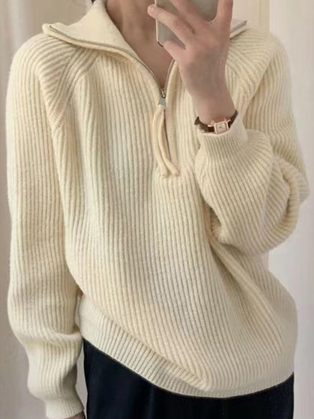 

LULU & SKY Women Ribbed Pullover with Zip Details, Off white