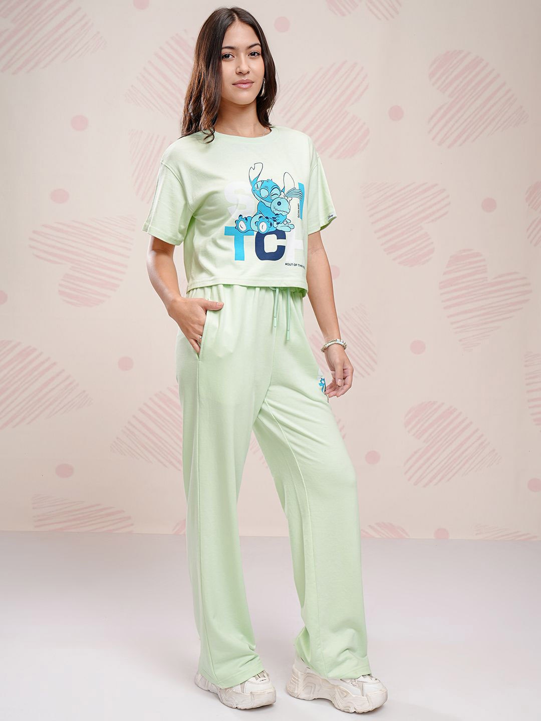 

Tokyo Talkies Disney Women Stitch Printed Pure Cotton Boxy Fit T-Shirt With Pant Co-Ords, Green