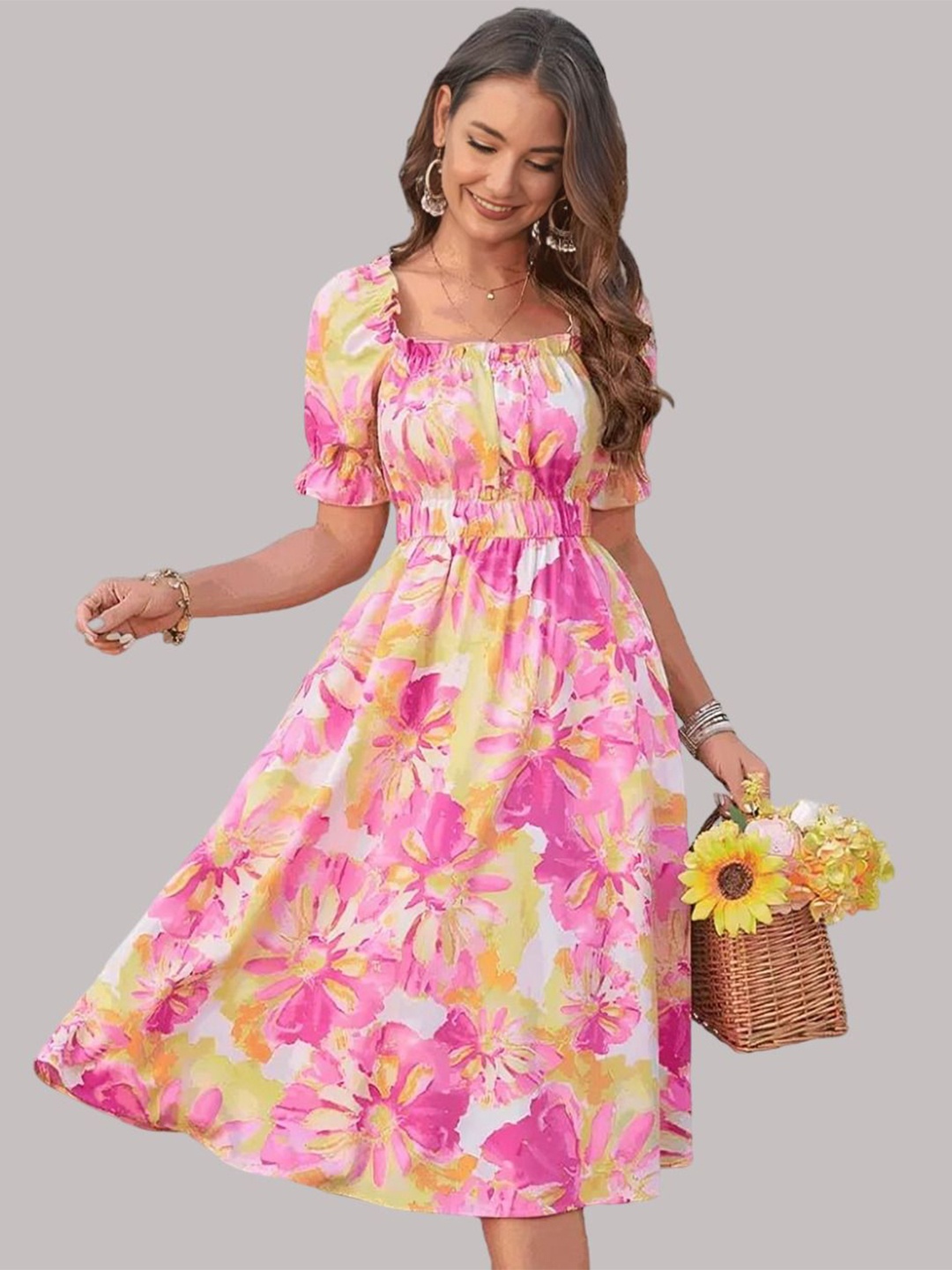 

ELYRAA Women Floral Printed Puff Sleeve A-Line Midi Square Neck Dress, Pink