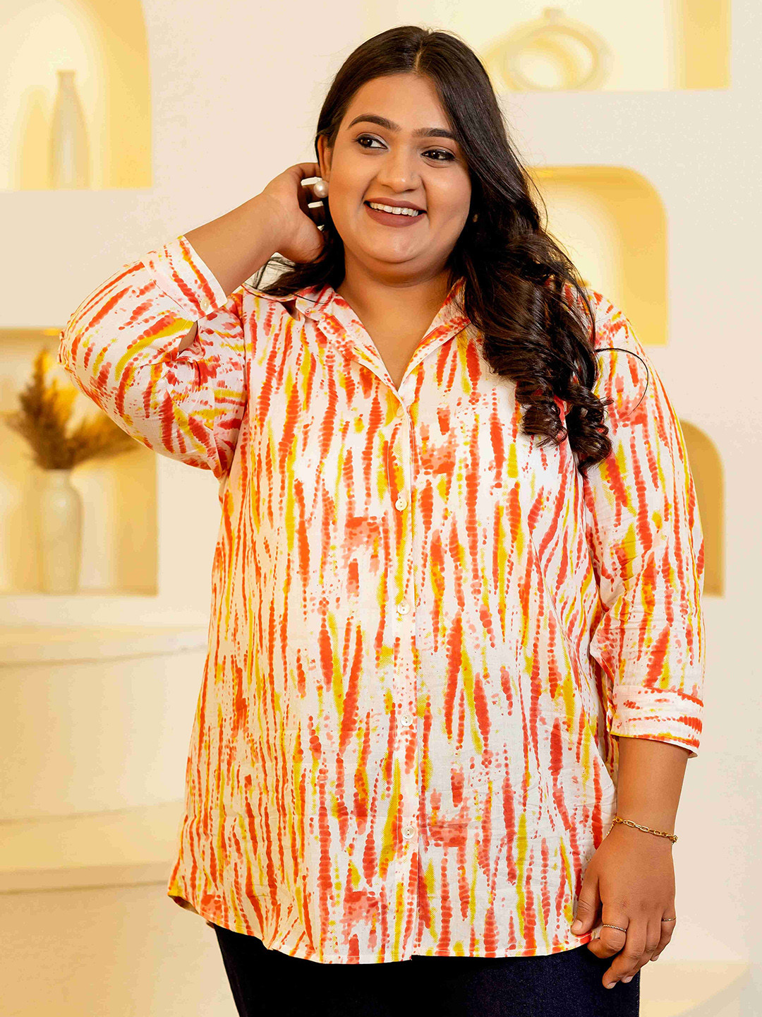 

LALI JAIPUR Women Plus Size Comfort Abstract Printed Cotton Linen Casual Shirt, White