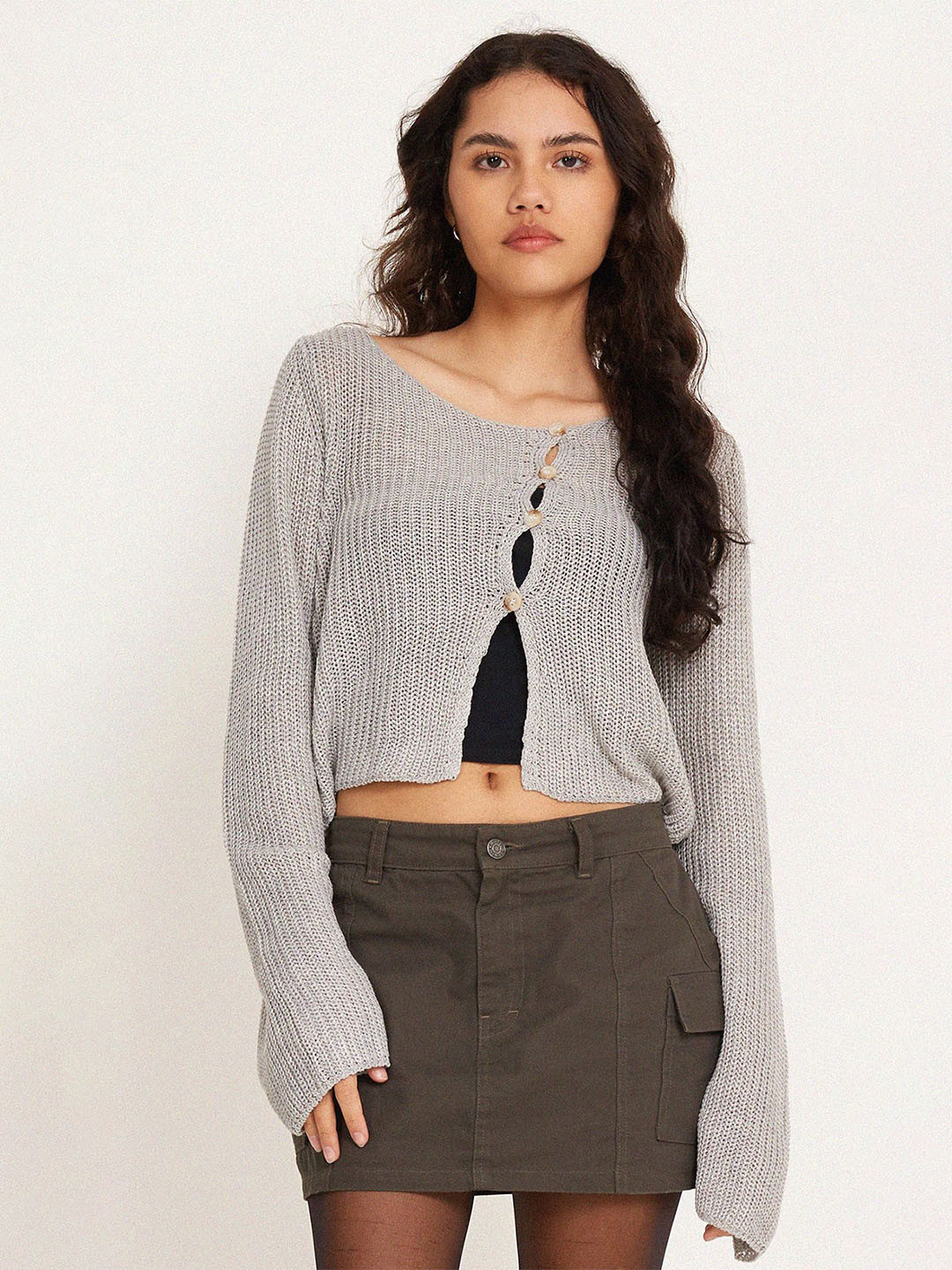 

LULU & SKY Self Design Button-Detail Crop Top, Grey