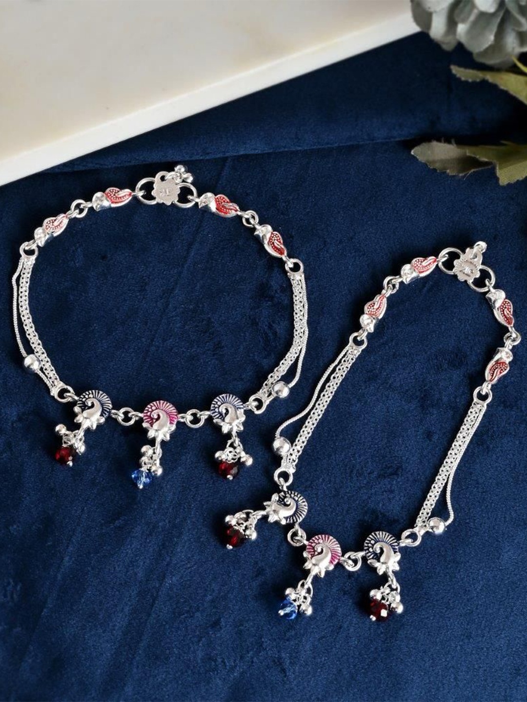 

VOJ Pack Of 2 Silver-Plated Artificial Beads Anklet